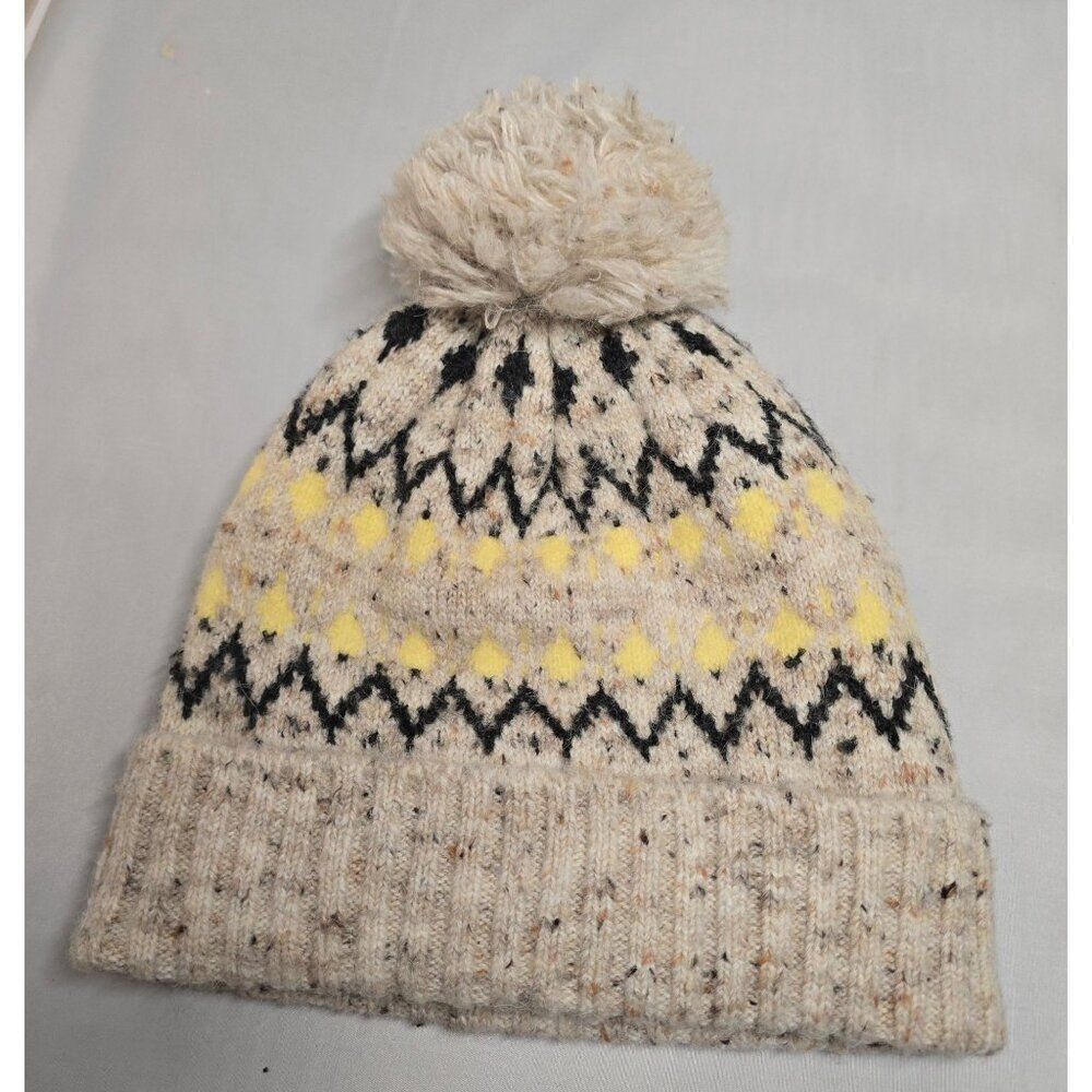 Beige & Yellow Fair Isle Pom-Pom Knit Beanie Hat 49% Recycled Polyester